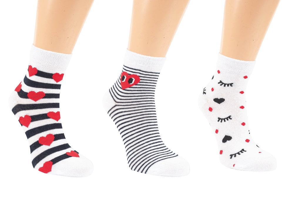 3 Paar Kurzstrumpf Socken Weiß Herz Muster Ringel 23-26 27-30 31-34 35-38 - Kipamo