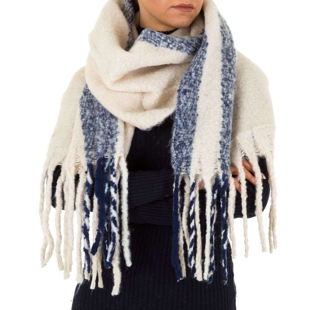 Dicker warmer Damen Fransen Schal Beige Blau Grau Herbst Winter Wollanteil