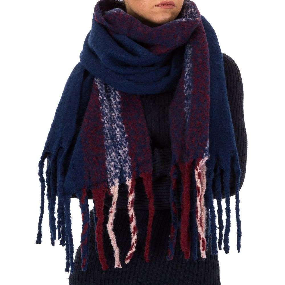 Dicker warmer Damen Fransen Schal Navy Blau Rot Herbst Winter Wollanteil
