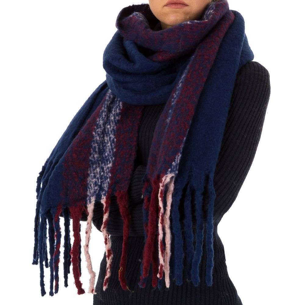 Dicker warmer Damen Fransen Schal Navy Blau Rot Herbst Winter Wollanteil