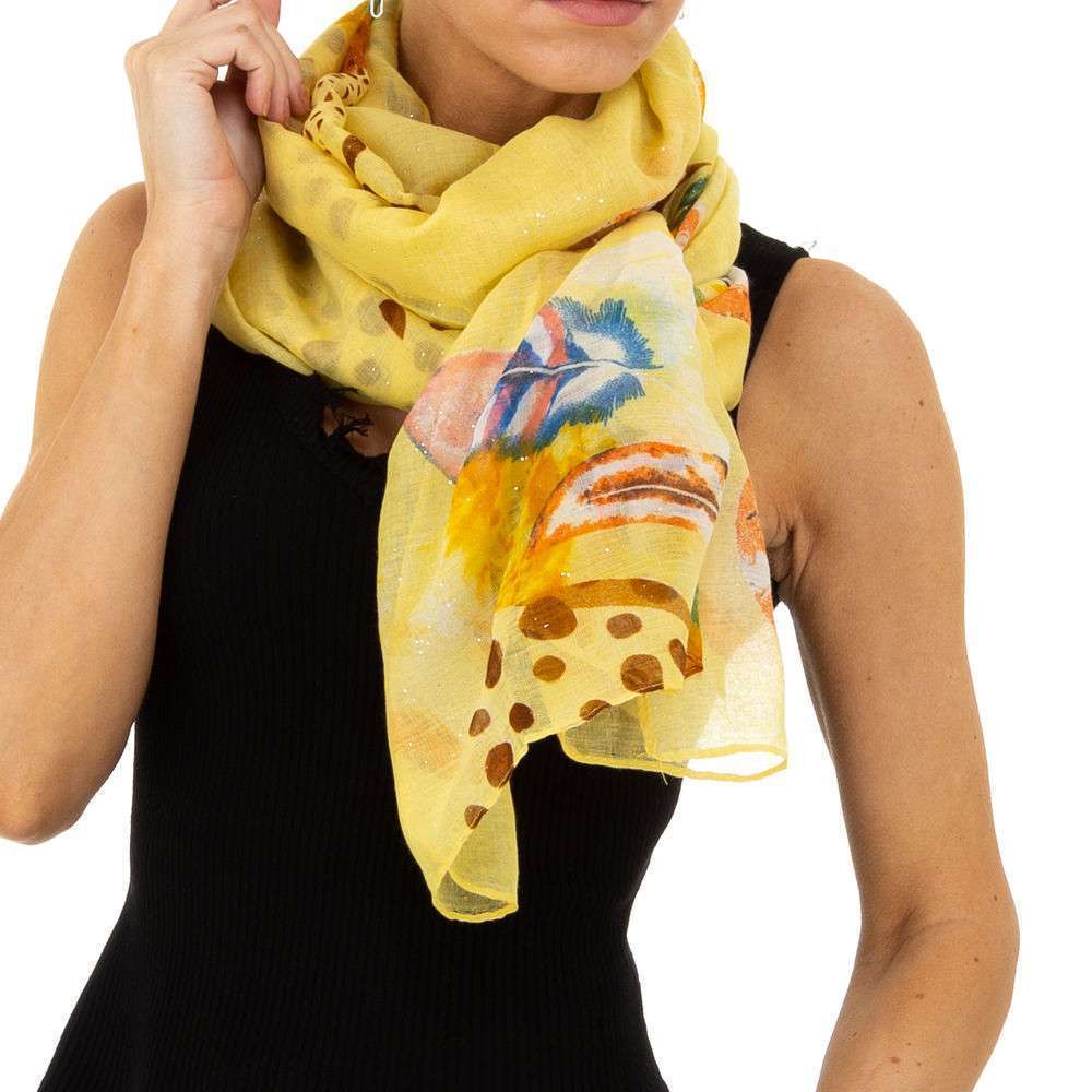Seidiges Halstuch Tuch mit Print Federn Bunt Gelb