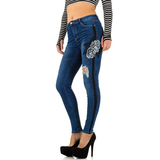 Jeans 36 Blau Skinny Damen Hose Applikationen Bild Muster Baumwolle Trashed Look - Kipamo