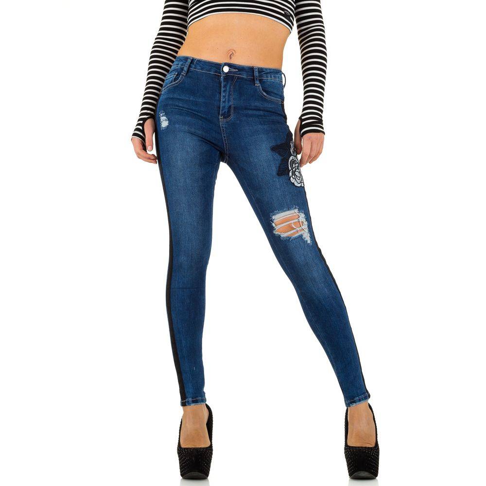 Jeans 36 Blau Skinny Damen Hose Applikationen Bild Muster Baumwolle Trashed Look - Kipamo