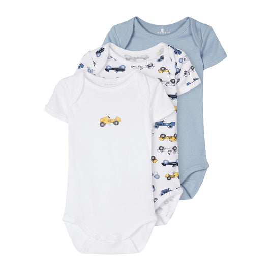 Name It 3 Paar Babybody Autos Dusty Blue nameit Strampler Langarm Body Größen 50 bis 98