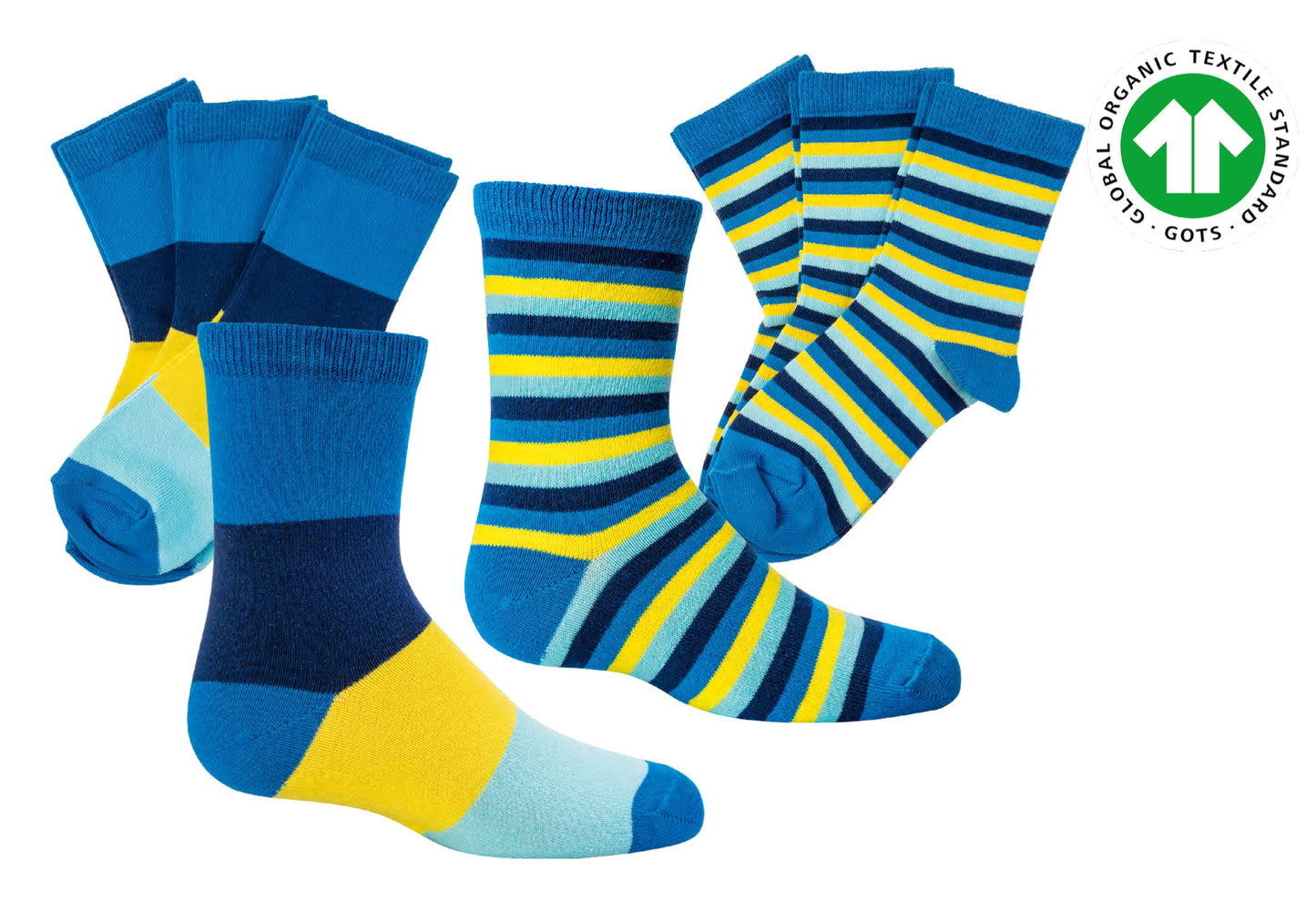 Kinder Jungen Socken Geringelt Gestreift Bio Baumwolle GOTS Zertifikat Blau Gelb