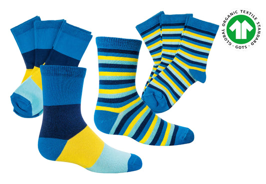 Kinder Jungen Socken Geringelt Gestreift Bio Baumwolle GOTS Zertifikat Blau Gelb