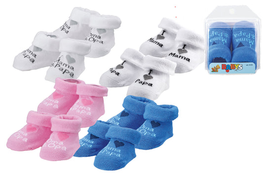 Erstling Baby Geburt Socken Schuhe Geschenk Box Text Mama Papa viel Baumwolle