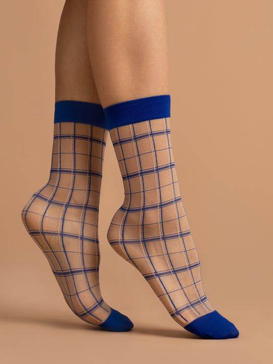 Fiore Klein 15DEN Damen Feinsöckchen Socken Kariert Haut Blau - Kipamo